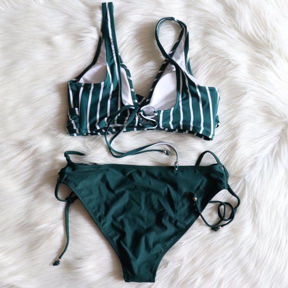 NEW Green White Stripe Strappy Bikini Set Size Medium - Picture 6 of 9